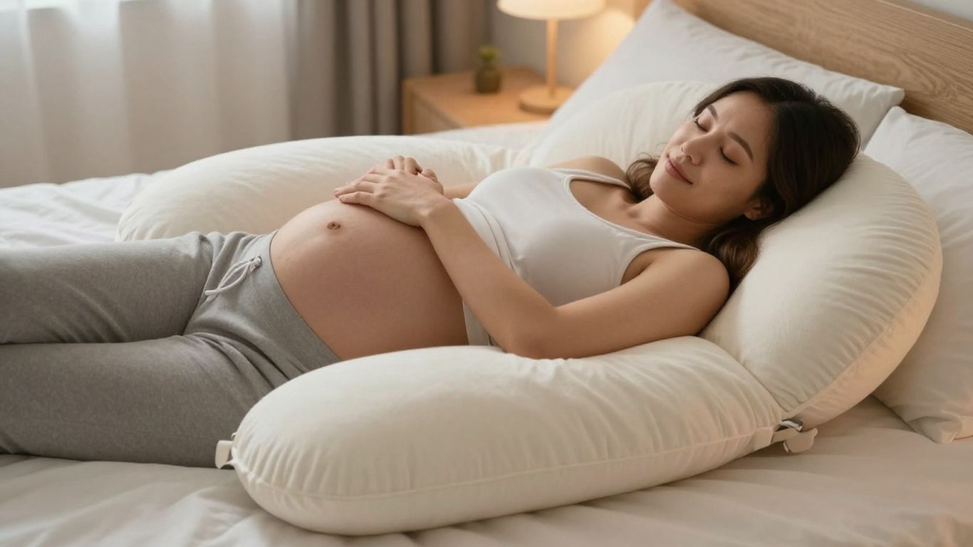 Pregnant woman sleeping with a U-shaped pregnancy pillow.