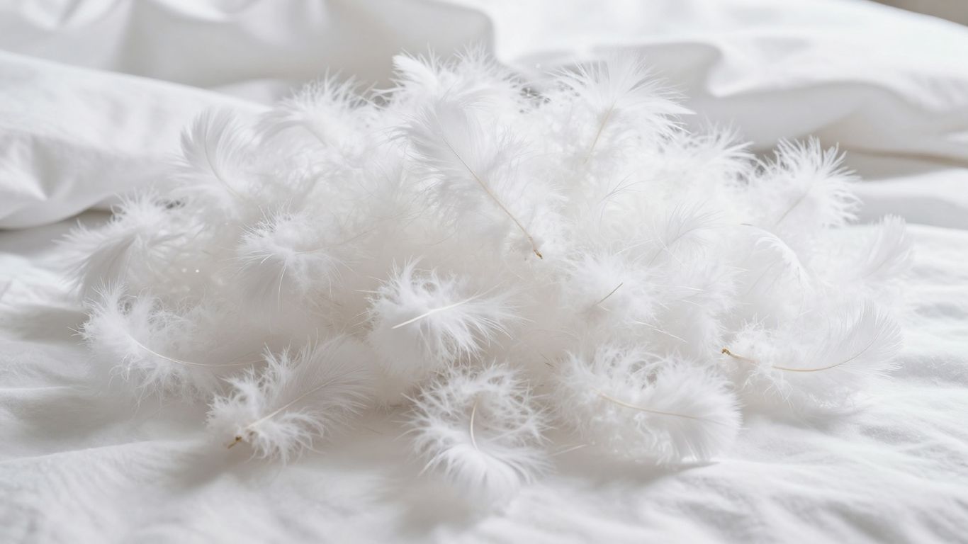 Fluffy down feathers spilling from a white comforter.