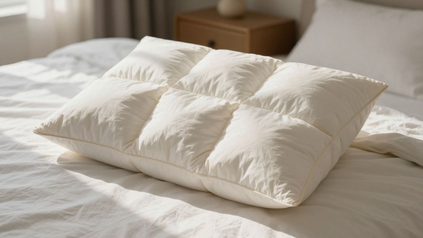 Plush parachute down pillow on a bed.
