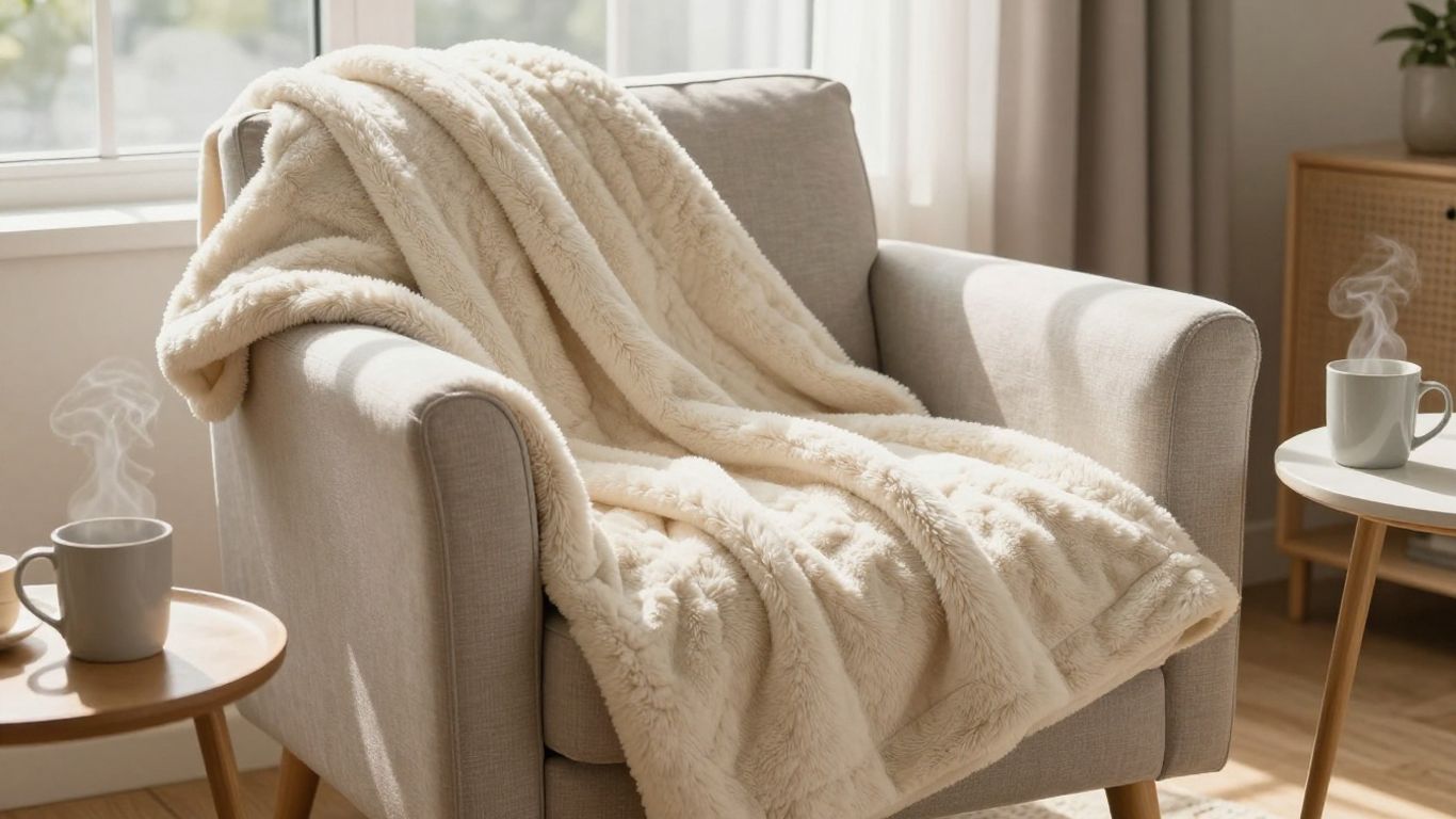 Cozy parachute blanket on an armchair with sunlight.