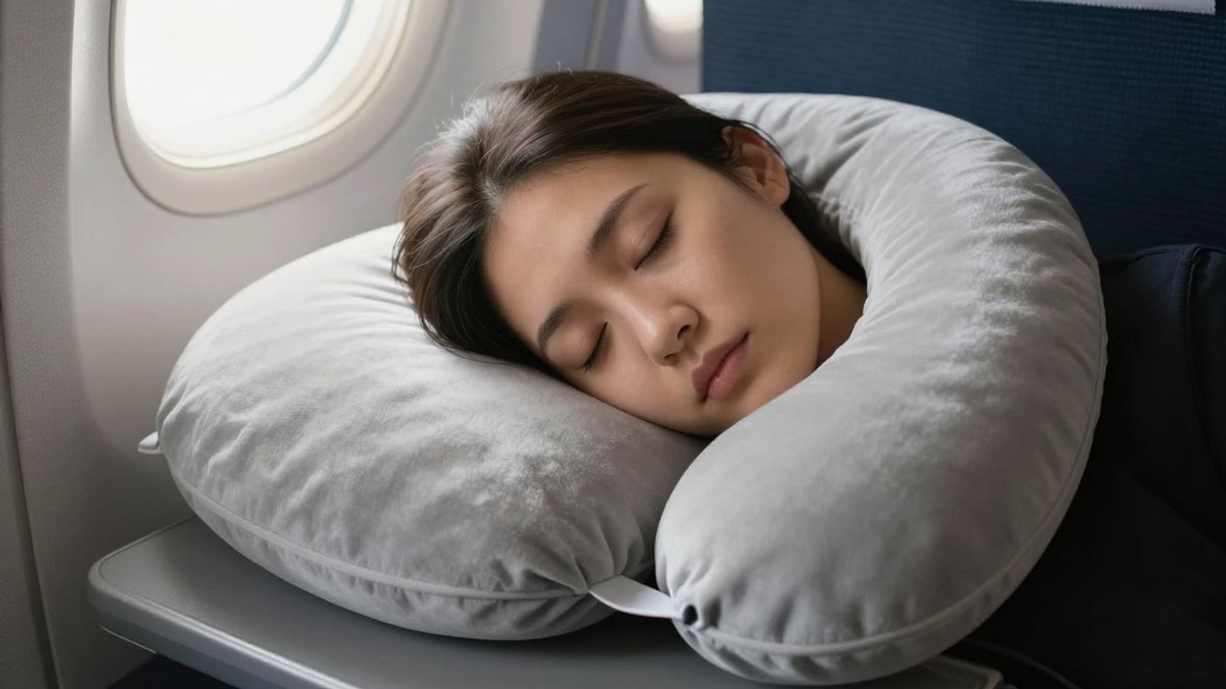 Traveler sleeping with a comfortable neck pillow on a plane.