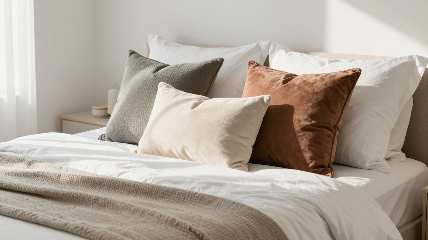 Bedroom bed with decorative throw pillows.