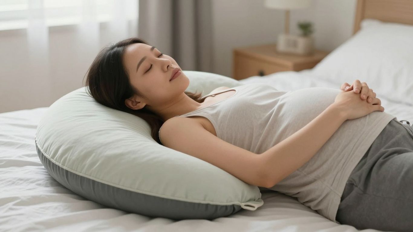 Pregnant woman sleeping with a U-shaped pregnancy pillow.