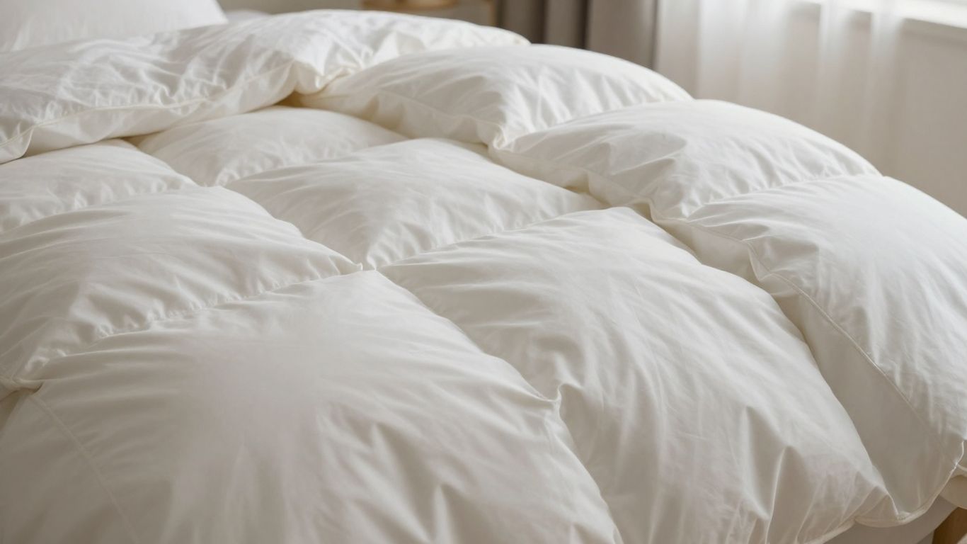 Plump down comforter in a cozy bedroom setting.