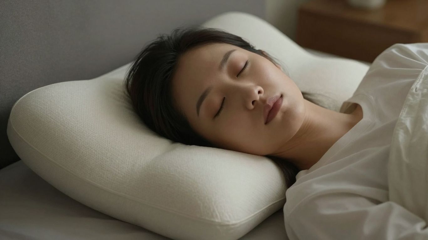 Cervical pillow supporting neck for pain relief.