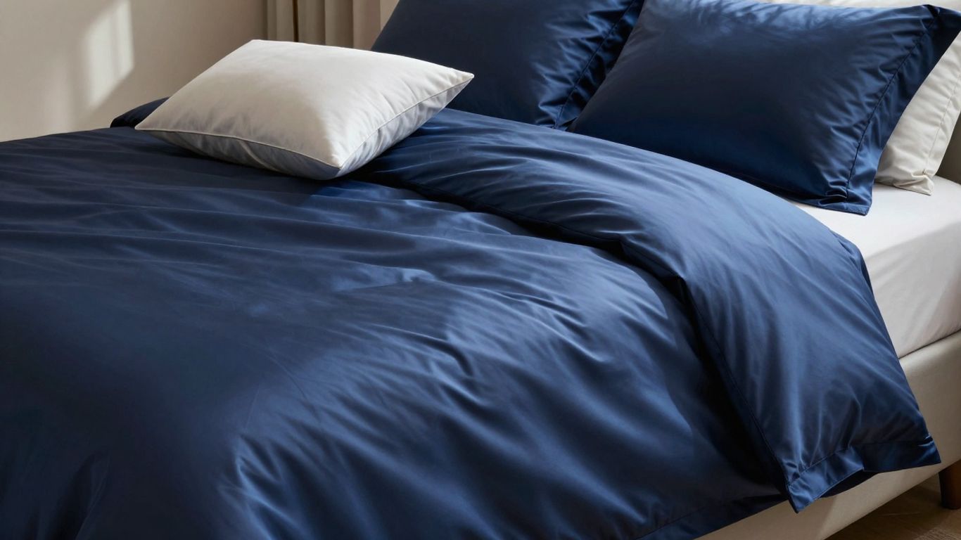 Luxurious navy sateen bed sheets with a soft sheen.