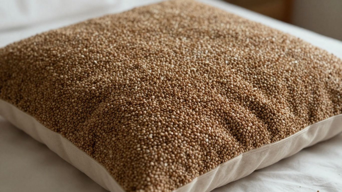 Buckwheat pillow with visible hulls, natural lighting.