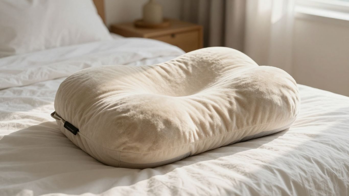 Plush reading pillow on a bed, bathed in sunlight.