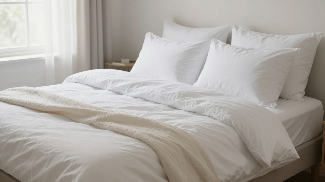 Luxurious bedroom with crisp white bedding and soft lighting.