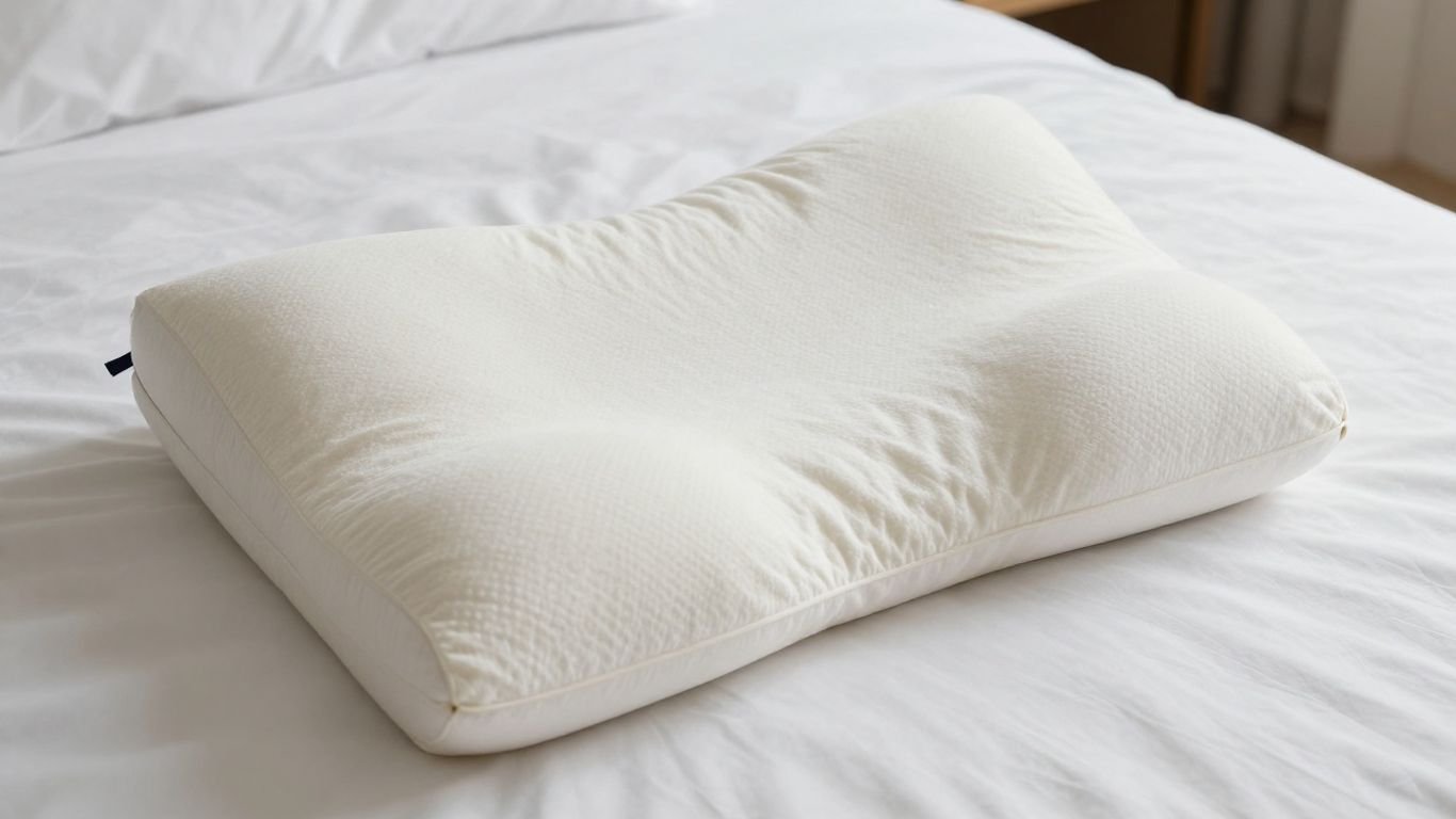 Tempur-Pedic neck pillow on a white bed.