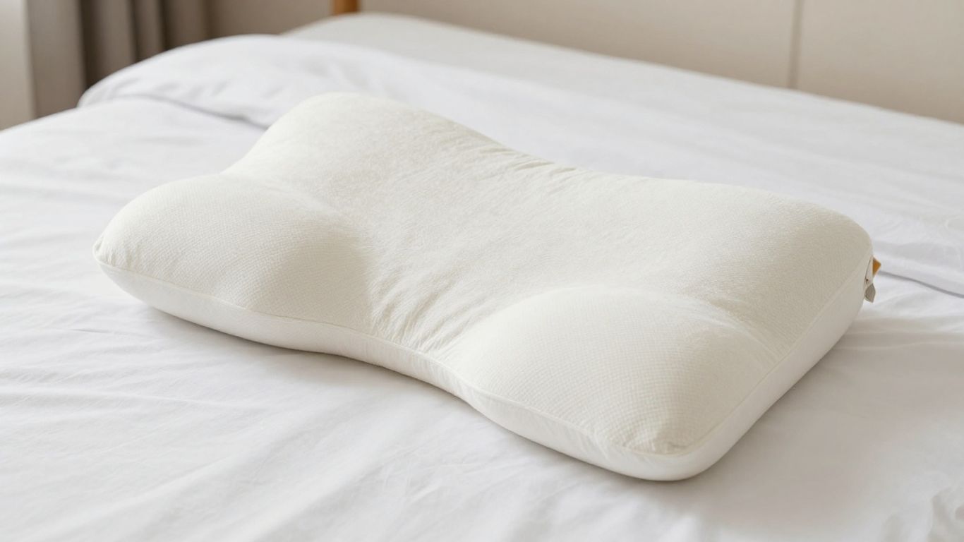 Cervical pillow for side sleepers on a bed.