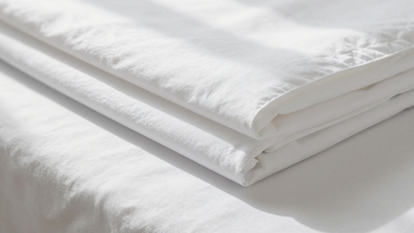 Crisp white cotton percale sheets on a bed.