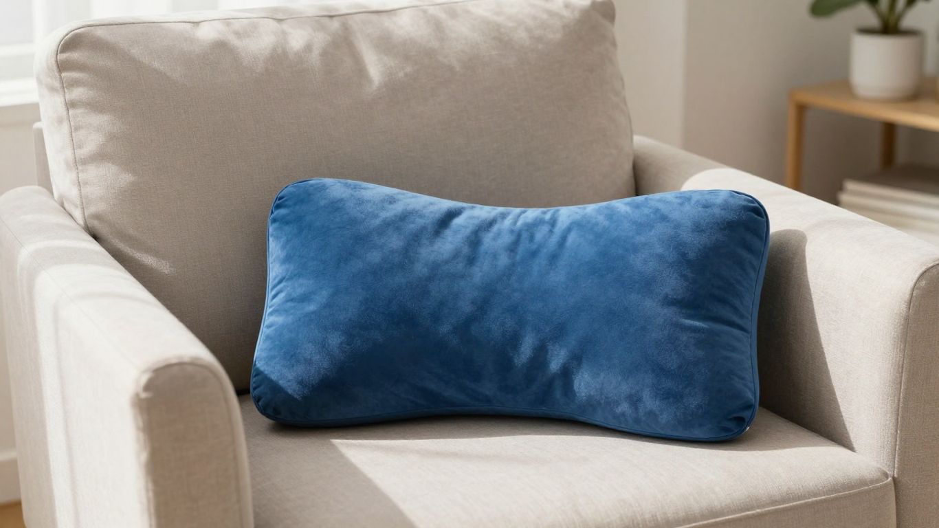 Blue lumbar pillow on armchair