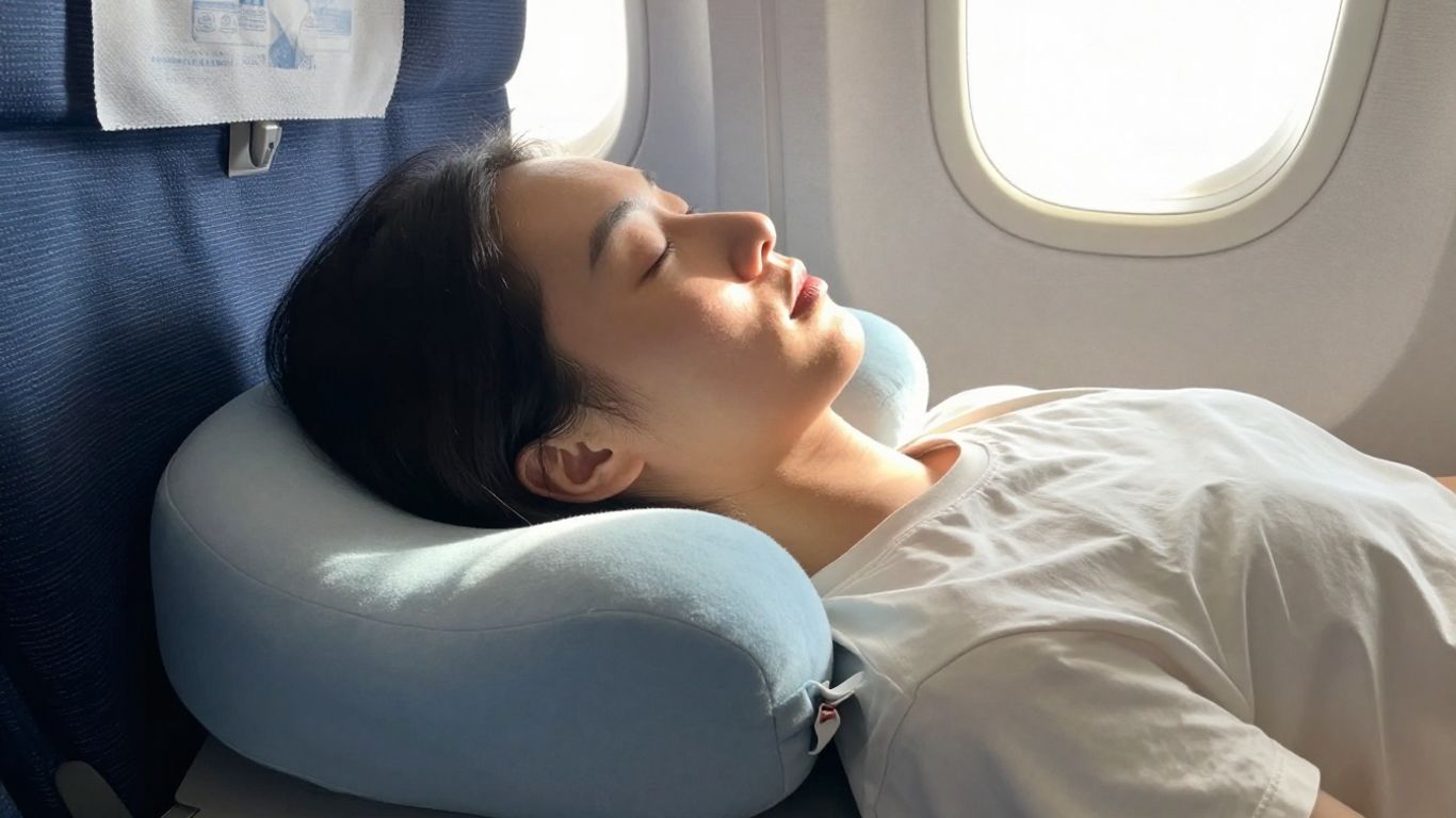 Person sleeping comfortably with a travel pillow on a plane.