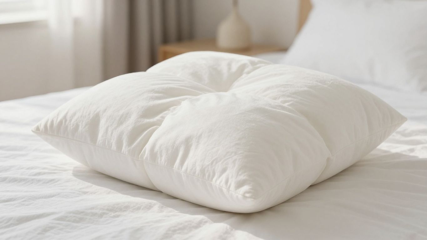A soft, white cube pillow on a bed.