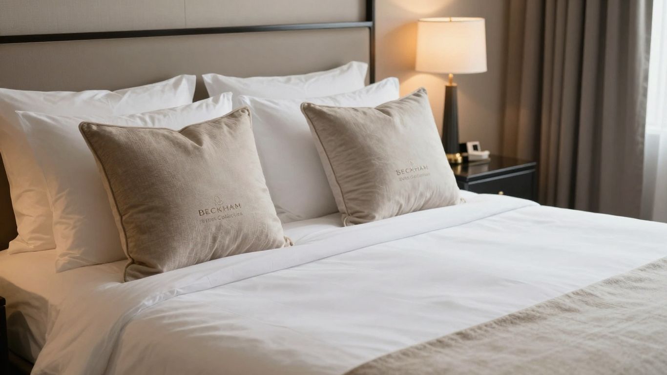 Luxurious hotel bed with Beckham Hotel Collection pillows.