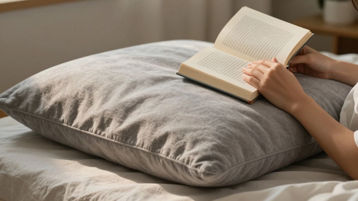 Person reading comfortably in bed with a reading pillow.