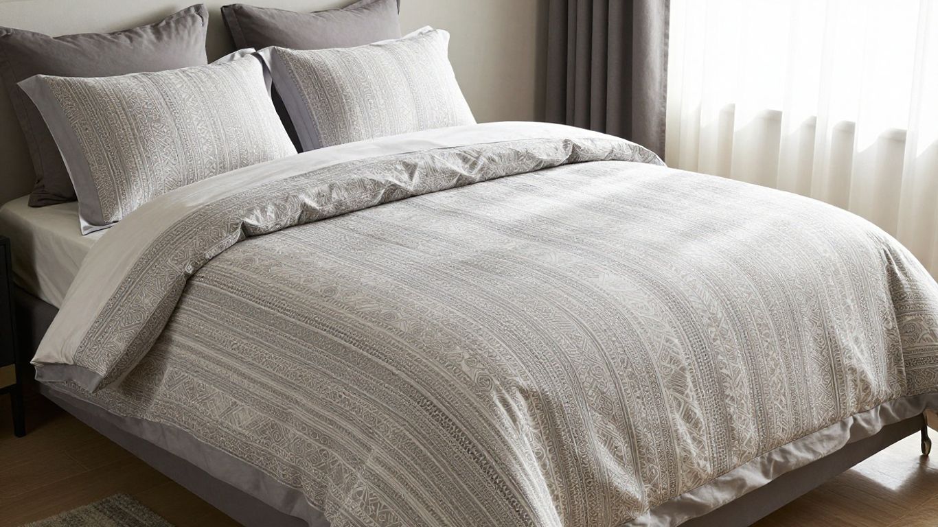 Cozy bed with a stylish duvet cover.