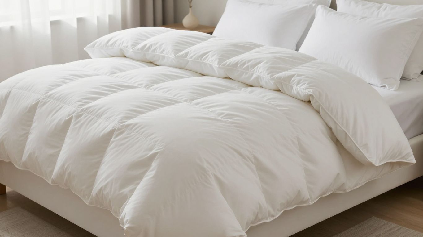 Fluffy hypoallergenic down comforter on a neatly made bed.