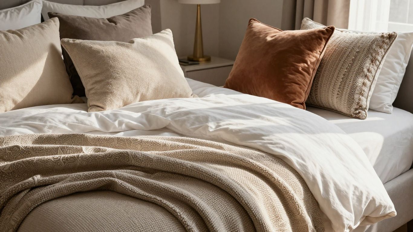Cozy bedroom bed with decorative throw pillows.