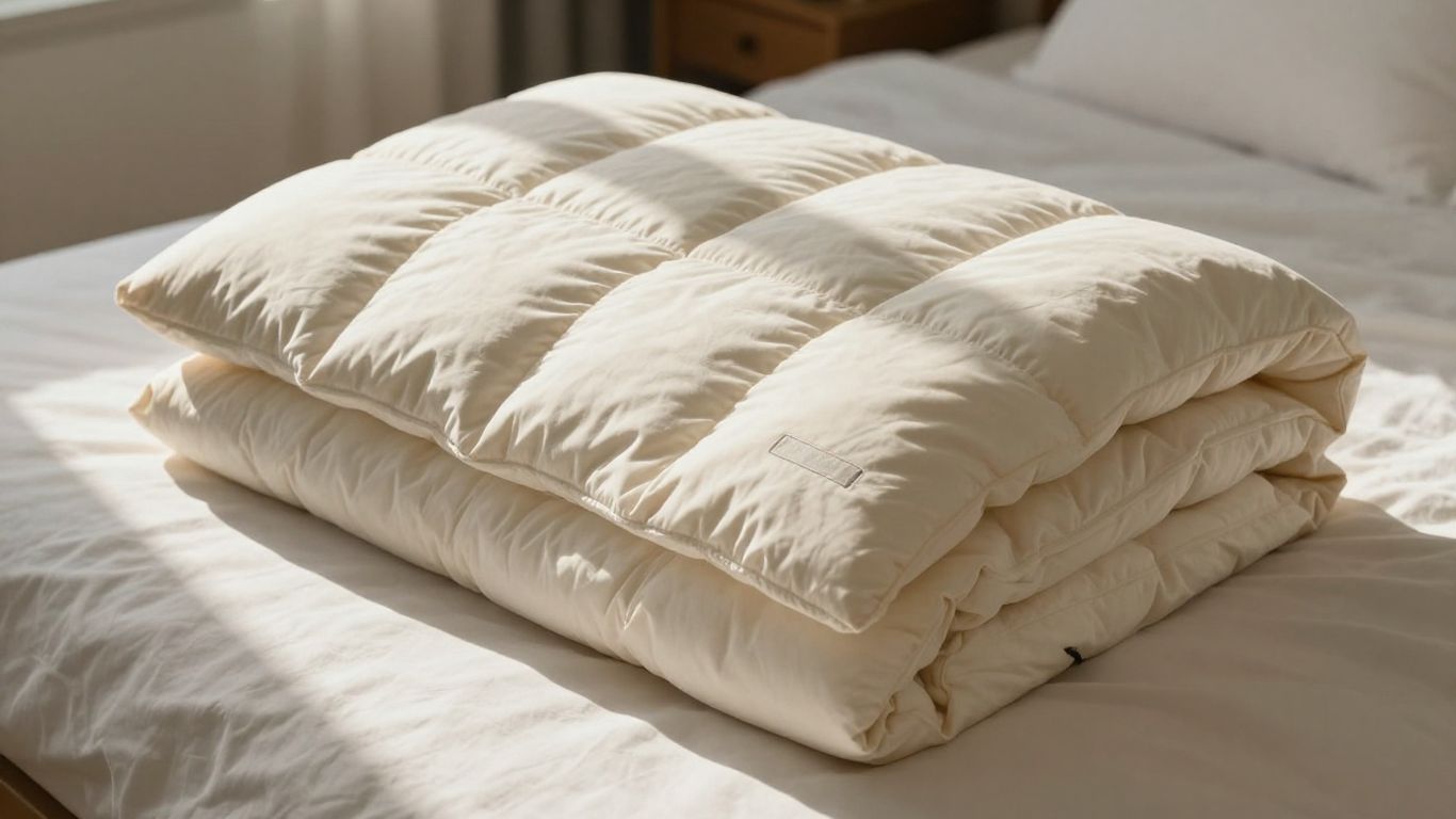 Brooklinen all-season down comforter on a bed.