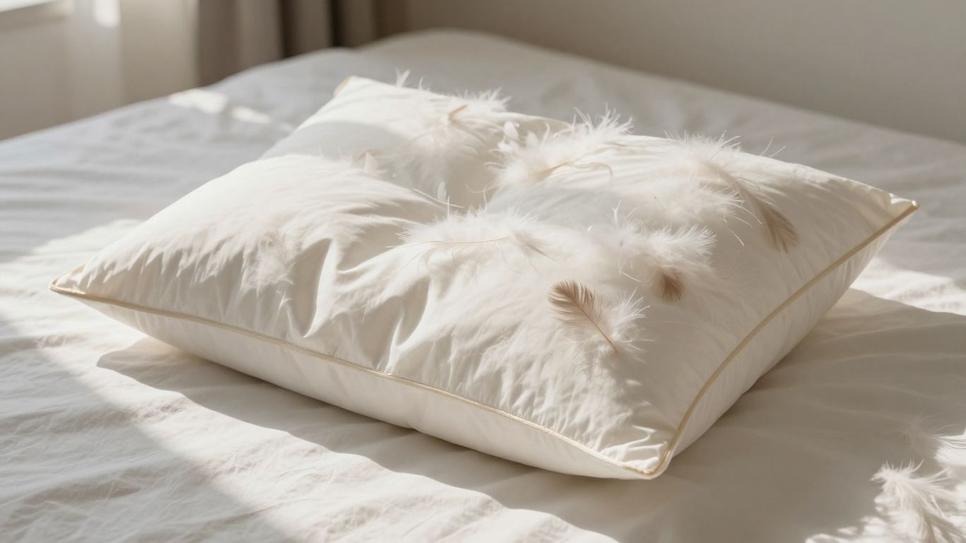 Plush down pillow on a bed, bathed in sunlight.