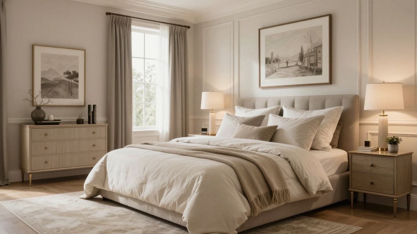 Cozy bedroom with elegant bedding and natural light.