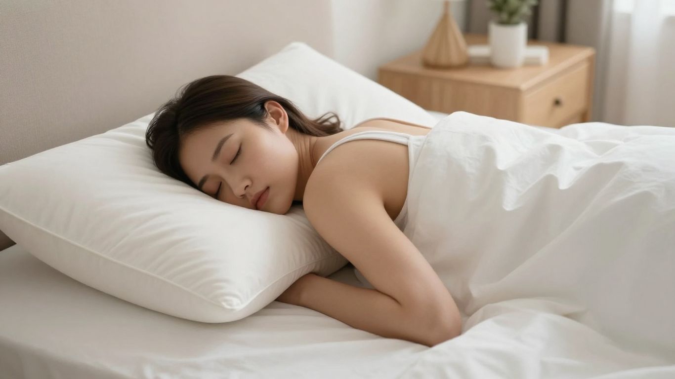 Side sleeper with a long body pillow for comfort.