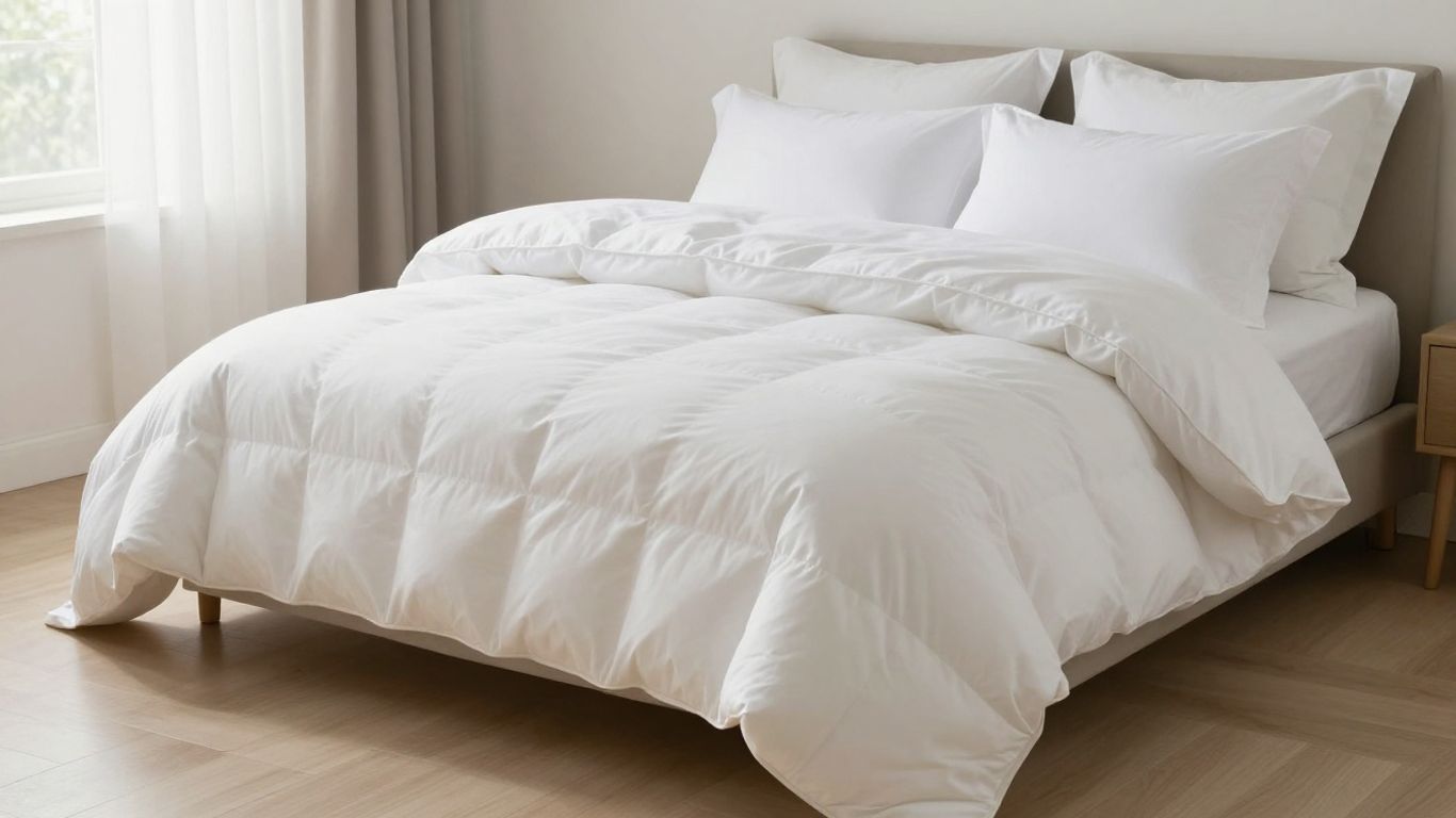 Cozy comforter and bed sheets on a neatly made bed.